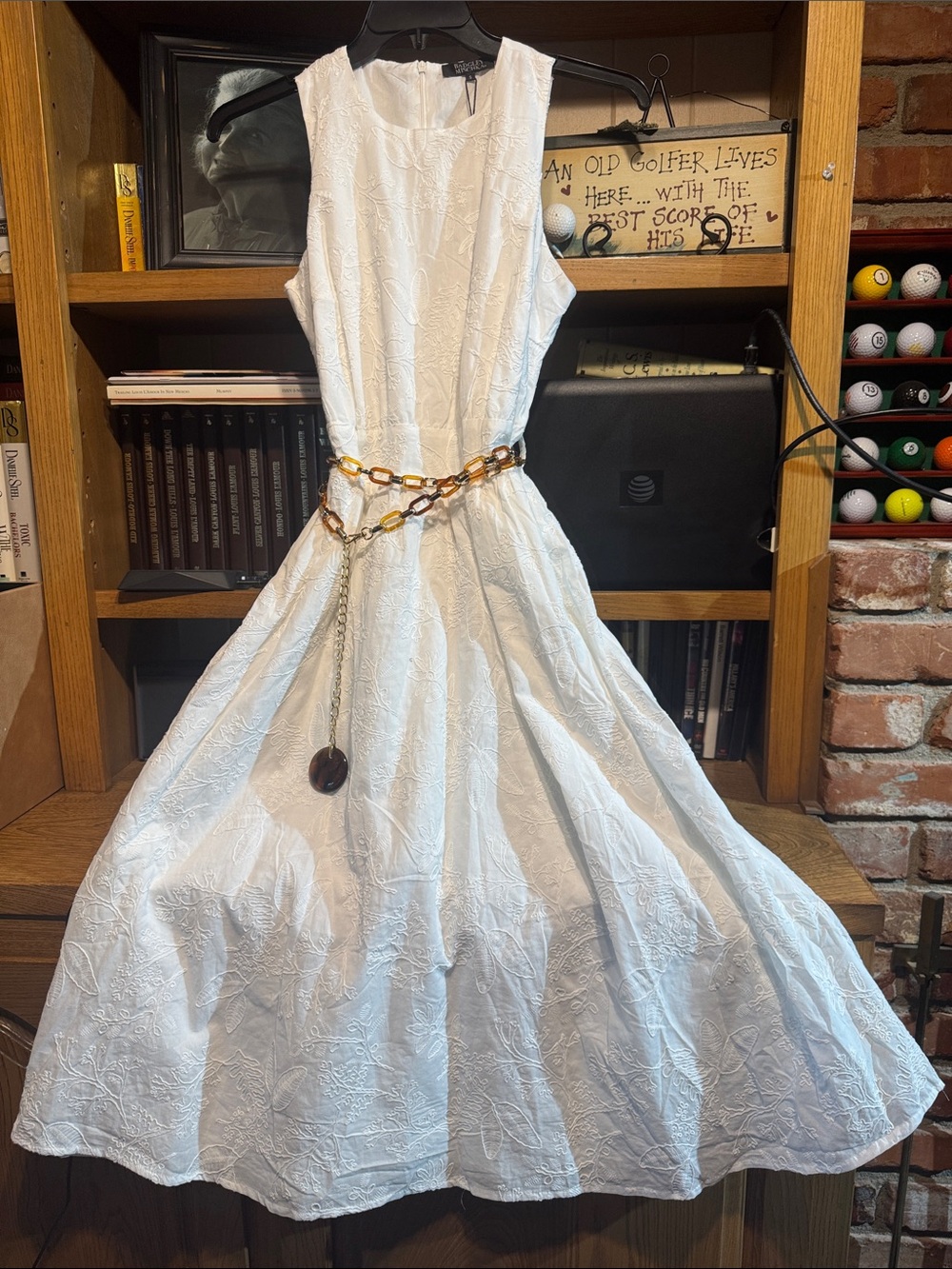 Sleeveless White Embroidered Midi Dress with Decorative Chain Belt